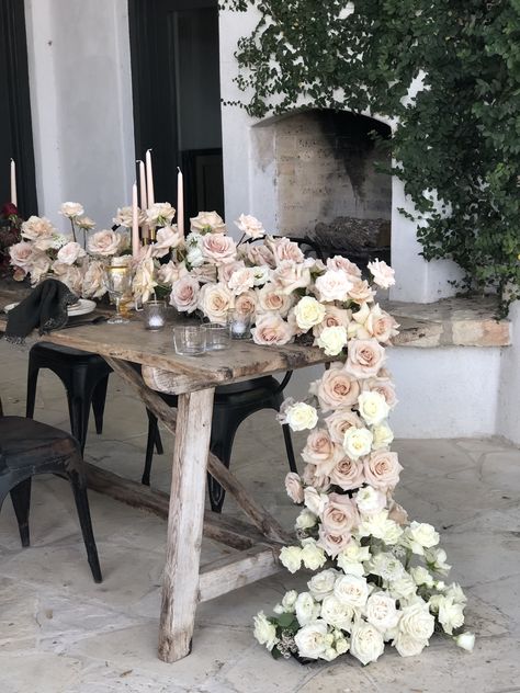 Floral Runner Centerpiece, Floral Table Runners Wedding, Cascading Garland, Garland Wedding Table, Floral Garland Wedding, Bridal Table Flowers, Texas Winery, Bloom Bar, Garland Centerpiece