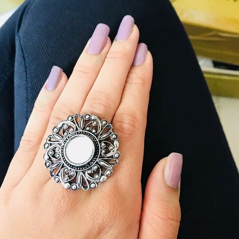 Silver Ring Indian, Oxidised Silver Ring, Oxidised Rings Aesthetic, Desi Ootd, Jhumka Collection, Navratri Jewellery, Hand Jewelry Rings, Girly Swag, Simple Silver Jewelry