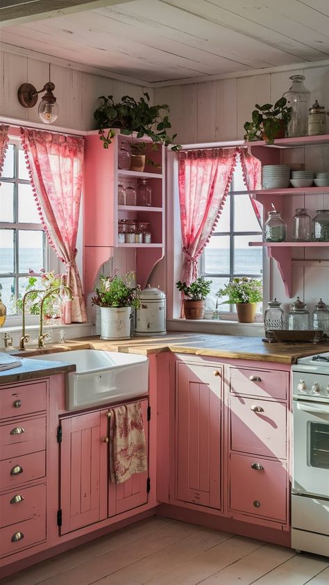 11 Inspirational Pink Coastal Home Decor Ideas — Coastal Cottage by Celeste Pink English Cottage, Colorful Cottage Interiors, Cottagecore House Interior, Tiny Cottage Interior, Home Decor Girly, Girly House, Retro Pink Kitchens, English Cottage Kitchens, Pink Coastal