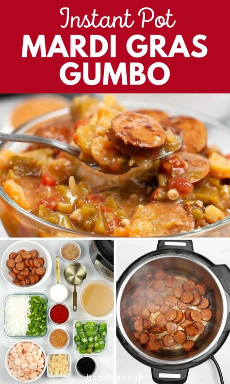 Mardi Gras Instant Pot Gumbo. Instant Pot Gumbo Recipe, Instant Pot Gumbo, Shrimp Gumbo Recipe, Gumbo Ingredients, Easy Gumbo, Shrimp And Sausage Gumbo, Gumbo Recipe Sausage, Cajun Sausage, Chicken Gumbo