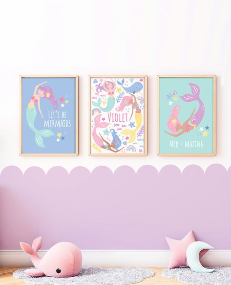 Little Mermaid Bedroom, Mermaid Prints, Wall Art Girls Bedroom, Ocean Themed Bedroom, Mermaid Bedroom, Mermaid Kids, Mermaid Illustration, Mermaid Room, Mermaid Wall Art