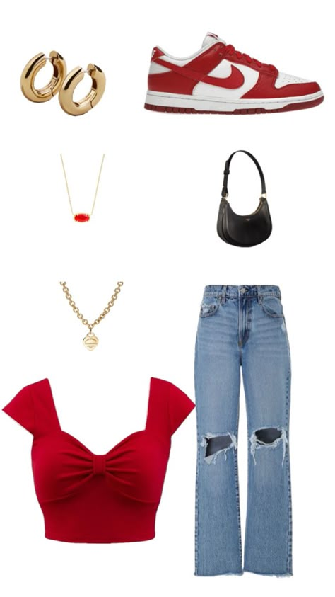 Valentines Day Outfits For Teens Schools, Galentine's Outfits Ideas, Cute Red Shirt Outfits, Cute Valentines Day Outfits For Teens, Cute Red And White Outfits, Red Outfits Summer, Red Black And White Outfit Ideas, Red Themed Outfits, Red Gold Quince