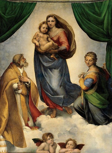 Sistine Madonna, also called La Madonna di San Sisto, is an oil painting by the Italian artist Raffaello Sanzio (Raphael). - The Sistine Madonna, Raphael Paintings, Raphael Sanzio, Sistine Madonna, World Famous Paintings, Istoria Artei, Italian Painters, The Virgin Mary, Monty Python