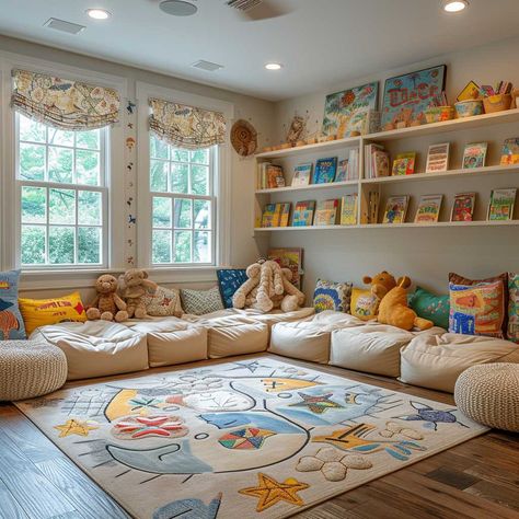 Art Kids Playroom, Childminding Room Ideas Playrooms, Colorful Playroom Design, Kids Living Room Play Area, Kids Playroom Ideas Colorful, Fun Kids Playroom Ideas, Open Plan Playroom, Play Room For Toddler Ideas, Kid Friendly Home Decor