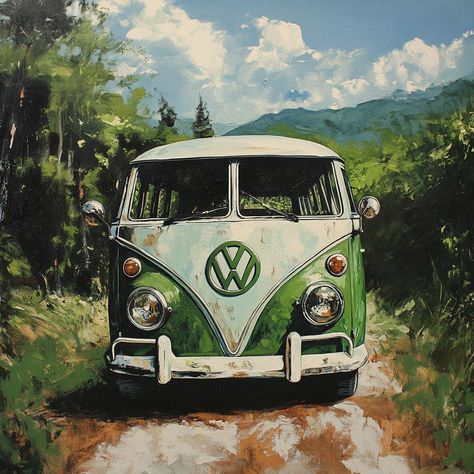 Add some character to your home with this charming and unique oil painting of a green Volkswagen bus. Measuring 36x36 inches, this one-of-a-kind piece is sure to make a statement in any room. The vibrant colors and intricate brushwork perfectly capture the beloved design of the iconic camper, evoking feelings of nostalgia and wanderlust. Created with high-quality oil paints on canvas, this original painting is a must-have for any art enthusiast. Its whimsical and cheerful depiction of the classi Beetle Car Painting, Vw Bug Painting, Green Volkswagen Bus, Vw Bus Painting, Volkswagen Painting, Volkswagen Bus Art, Road Painting, Bus Art, Classic Campers