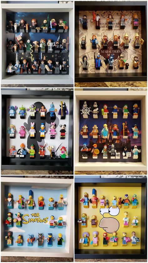 Diy Lego Shelves, Lego People Display, Lego Room Display, Lego Room Ideas For Adults, Harry Potter Lego Display Ideas, Lego Display Shelf, Lego Display Ideas, Lego Room Decor, Minifigure Display