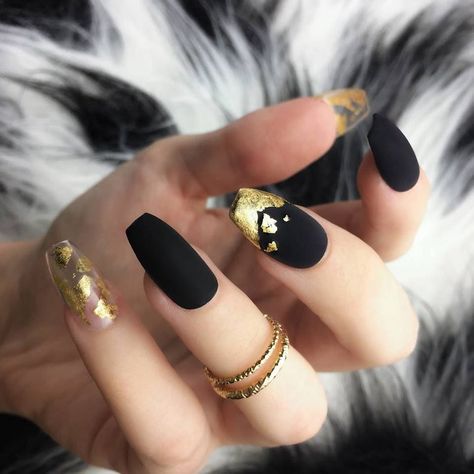 Matte Black Gold Leaf Press on Nails Gold Foil Metallic | Etsy Nail Polish Black, Black Gold Nails, Gold Touch, Cow Nails, Nails Gold, Short Coffin, Matte Nails Design, Acrylic Coffin, Metallic Nails