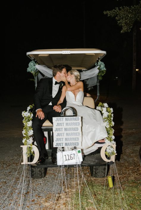 Bride and Groom leaving their reception on a golf cart...the cutest exit for their waterside wedding! Wedding Golf Cart Decorating Ideas, How To Decorate A Golf Cart For A Wedding, Golf Cart Wedding Decorating Ideas, Just Married Golf Cart Decorations, Wedding Golf Cart Decorations, Golf Cart Wedding Photos, Golf Cart Wedding Exit, Just Married Golf Cart, Wedding Golf Cart