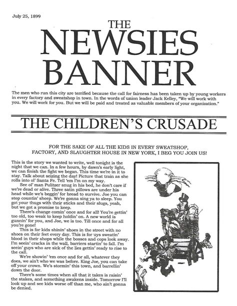 Fansies. I have made a Newsies Banner. Yes, made it. I spent over an hour getting the spacing and fonts right. The picture was a doozey. There are zero clear shots of it on the internet, and that’s the best I could do with what I had. It’s not perfect by any means (I just found a typo how many years later), but I’m proud of it. I hope you like it, too! Please DM me to ask before using! I'd love for you to use this in your production with credit! I also have a Word document version available Dior Sketches, Newsies Costume, High School Musical Cast, Stage Crew, Jack Kelly, Broadway Costumes, Stage Props, Musical Plays, School Play