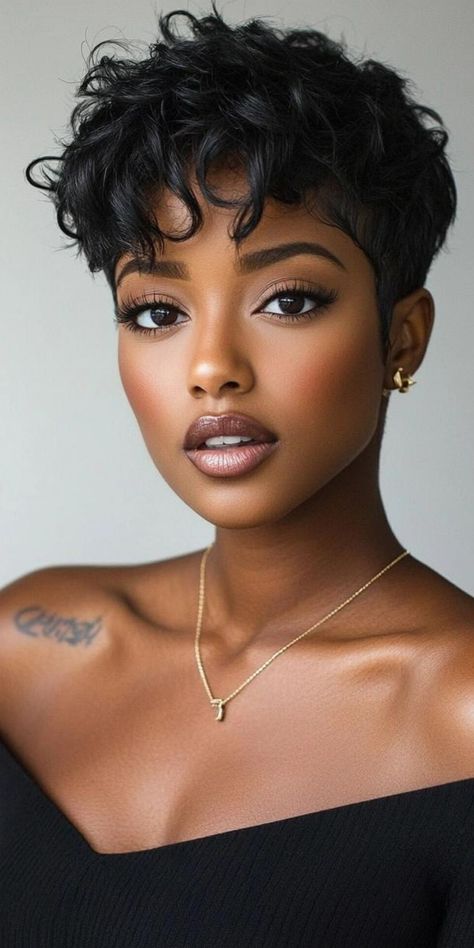 Experience sophisticated and versatile short haircuts for black women that transition from day to night. These cuts can be styled differently for various occasions. From sleek bobs to adaptable pixies, find a look that suits your professional and social life. African American Pixie Haircut, Short Hairstyle Black Women Round Face, Short African American Hairstyles, Medium Short Length Haircut, Teyana Taylor Short Hair, Short Hair Cuts Black Women, Business Casual Black Women, Short Pixie Cut Black Women, 90s Pixie Cut Black Women