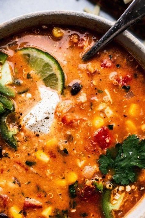 Mexican Quinoa Soup Quinoa Soup Recipes, Mexican Quinoa, Quinoa Soup, Vegetarian Soup Recipes, Mexican Soup, Grilled Cheese Sandwiches, Mac Cheese Recipes, Vegan Soups, Soup And Stew