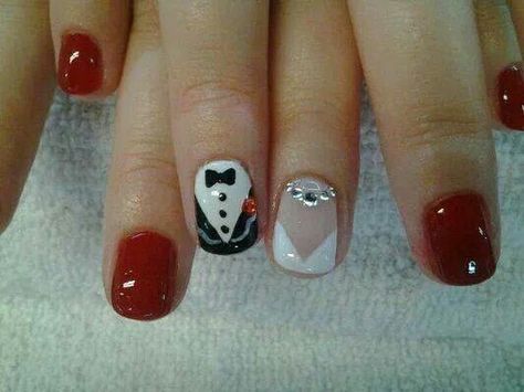 Cute bride and groom nail design for a bride to be! Nail Art Mariage, Wedding Day Nails, Wedding Nail Art Design, 3d Flower Nails, Bridal Nail Art, Wedding Nail, Flower Nail Designs, Wedding Nails For Bride, Wedding Nails Design