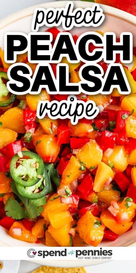 Peach salsa is an easy to make condiment that is sure to spruce up all kinds of dishes. Pork, salmon, chicken, and even tacos all taste delicious with this as an extra topping. And it is so easy to make this recipe, simply dice the peaches, add some lime juice, red pepper, onion, and jalapeno too and serve. So quick and easy! #peachsalsa #peachsalsarecipe #salsawithpeaches #spendwithpennies Spicy Peach Salsa, Peach Salsa Recipe, Fruit Dressing, Peach Salsa Recipes, Peach Salsa, Easy Salsa, Perfect Peach, Appetizers Easy Finger Food, Easy Appetizers