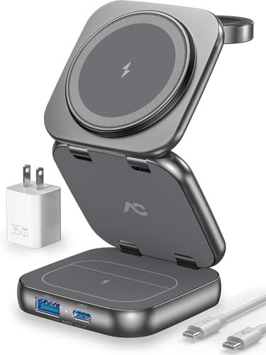 Wireless Charger for Magsafe, AC Island 5-in-1 Portable Charging Station, 15W Max Fast Foldable Magnetic Stand, Evolved for iPhone 15/14/13 Series, Apple Watch S1-9/Ultra, AirPods (with 35W Adapter) Computer Camera, Phone Mount, Travel Storage, Phone Grips, Wearable Technology, Tv Videos, Charging Station, Wireless Charger, Camera Photo