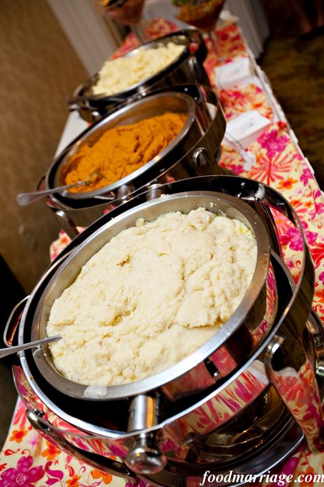 Wedding Idea: Mashed Potato Martini Bar with Garlic Mashed Potatoes, Herbed Yukon Gold Mashed Potatoes, and a Brown Sugar and Sweet Potato Puree Gold Mashed Potatoes, Yukon Gold Mashed Potatoes, Mashed Potato Bar, Wedding Reception Cocktail Hour, Sweet Potato Puree, Wedding Buffet Food, Wedding Food Stations, Potato Bar, Buffet Ideas