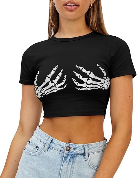 WYNNQUE Womens Crop Tops Cute Summer Scoop Neck Basic Tees Slim Fit Trendy Short Sleeve T Shirts for Teen Girls 2023 Short Crop Top Outfits, Womens Crop Tops, Crop Tops Cute, Skeleton Top, Hand Skull, Girls Y2k, Women Skeleton, Crop Top Designs, Fancy Tops