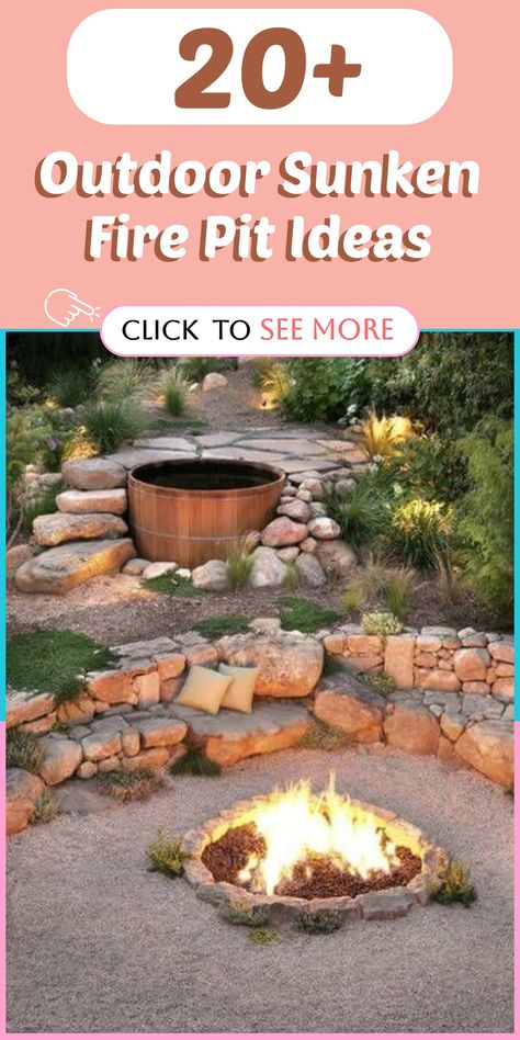 Transform your backyard into a cozy retreat with these charming sunken fire pit ideas. By digging a pit in the ground, lining it with fireproof materials, and adding seating around, you'll create a communal space perfect for gatherings. Whether you prefer modern or rustic styles, the sunken fire pit will become the focal point of outdoor entertainment – ideal for roasting marshmallows and stargazing. Enjoy warm nights outdoors in style! Fire Pit By Pond, Dug Out Fire Pit Area, Sunk In Fire Pit, Backyard Firepits On A Budget, Front Yard Fire Pit Ideas, Backyard Fire Pit Designs, Outdoor Firepits Diy, Sunken Fire Pit With Seating, Diy Fire Pit Seating