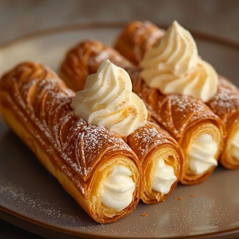 Puff Pastry Cones with Custard: A Crunchy and Creamy Delight Ingredients for the puff pastry: - 1 ready-to-use puff pastry Ingredients for the pastry cream: - 500 ml of milk - 100 g of sugar - 4 egg yolks - 50 g cornstarch - 1 vanilla pod (or 1 teaspoon of vanilla extract) - 50 g of butter Preparation : 1. Preheat your oven to 200°C (thermostat 6-7). Spread the puff pastry on a lightly floured work surface. Cut strips of dough approximately 3 cm wide. 2. Wrap each dough strip around pastry c... Cream Puff Decorating Ideas, Puff Pastry Aesthetic, Pastry Ideas Baking, Puff Pastry Cones, Beautiful Pastries, Creme Puffs, Puff Pastry Ingredients, Puff Pastry Dessert, Pastry Cream Desserts