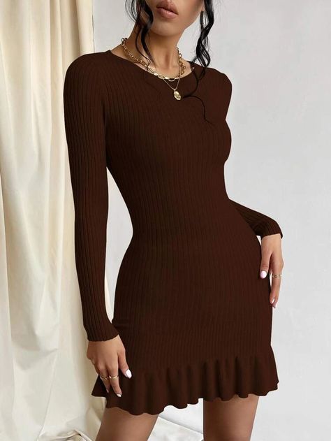 Ruffle Hem Bodycon Sweater Dress | SHEIN USA Black Long Sleeve Dress Casual, Brown Clothes, Mocha Dress, Haute Fashion, Ruffle Bodycon, Bodycon Sweater, Bodycon Sweater Dress, Top Clothing, Sweater Dresses