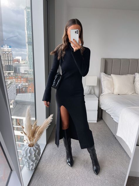 Shop Brielle High Neck Midaxi Knit … and other curated products on LTK, the easiest way to shop everything from your favorite creators. Long Black Dress Outfit, Knitted Dress Outfit, Black Dress Winter, Knit Skirt Outfit, Long Knitted Dress, Fall Dress Outfit, Black Dress Outfits, Black Knit Dress, Mode Chic