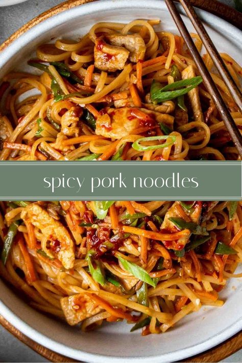 Spicy Asian Pork Recipes, Asian Dishes With Pork, Pork Rice Noodles, Spicy Ground Pork Ramen, Korean Pork Noodles, Pork Noodle Stir Fry Recipes, Pork Egg Noodles Recipe, Spicy Pork Noodles Recipe, Chinese Pork Noodles