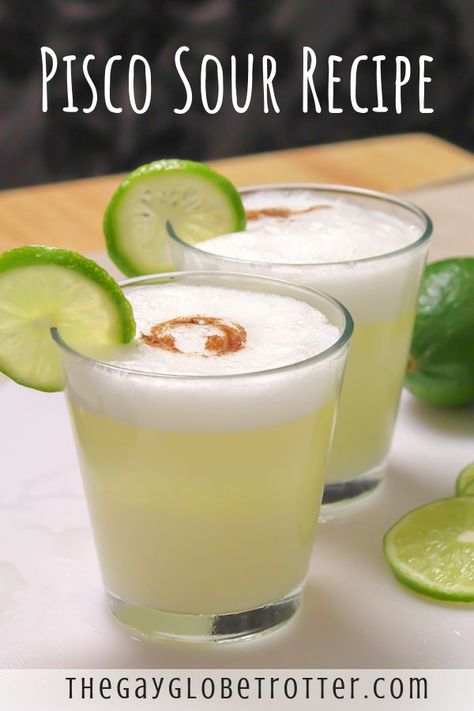 Peruvian pisco sours are the ultimate party cocktails. This classic pisco sour recipe is made with pisco, fresh lime, simple syrup, egg whites, and a dash of angostura butters   for one of the easiest alcoholic beverages ever! #gayglobetrotter #drinks #cocktails #cocktail #drink #piscosour via @gayglobetrotter Peruvian Drinks, Summer Party Drink, Cranberry Simple Syrup, Peruvian Cuisine, Peruvian Food, Sour Foods, Pisco Sour, Summertime Drinks, Sour Cocktail