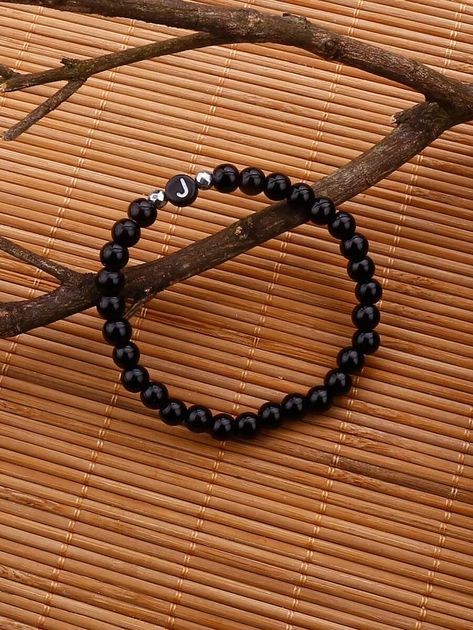 Letter Detail Beaded Bracelet | SHEIN Boys Beads Bracelet, Bracelet Inspiration Beads Aesthetic, Bracelet For Men Beads, Beads Bracelet Design For Men, Black Bracelet Aesthetic, Men Beaded Bracelet Ideas, Pulseras Ideas, Bracelet For Boys, Boys Bracelets