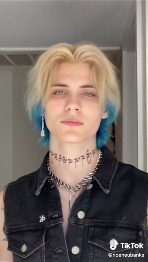 Blond And Blue Hair Short, Guys Hair Dye Ideas, Mens Split Dye, Bleached Hair With Lowlights, Masc Hair Dye Ideas, Noen Eubanks Blue Hair, Split Hair Color Men, Purple Male Hair, Dyed Hair Men Aesthetic