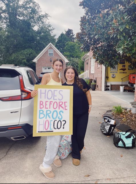 Two girls with homecoming/hoco sign. Hoes before bros hoeco? Homecoming, Friend Hoco Proposal, Best Friend Hoco Proposal, Homecoming Proposal Ideas, Homecoming Proposal, Proposal Ideas, How To Memorize Things