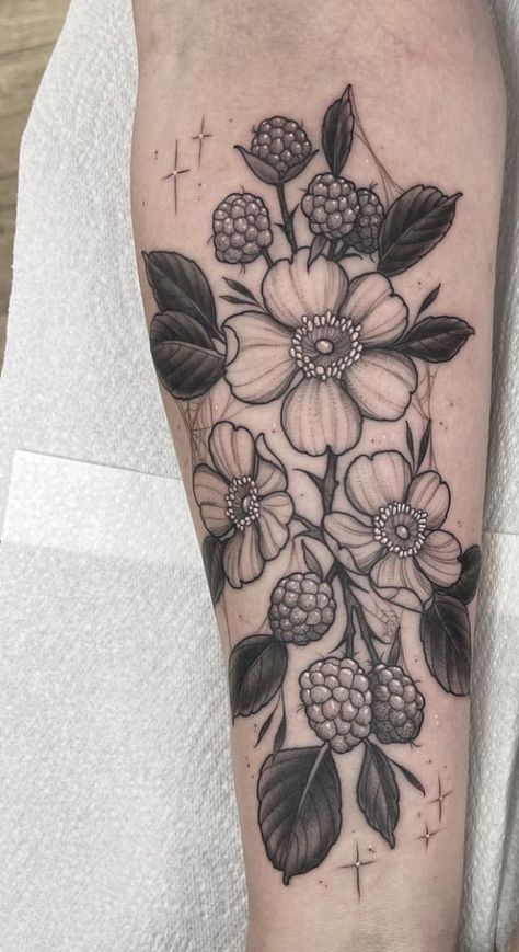 Huge Floral Tattoo, Neo Trad Flowers Black And Grey, Floral Wrap Tattoo Design, Raspberry Flower Tattoo, Berries And Flowers Tattoo, Filler Flowers Tattoo, Neo Traditional Tattoo Design Black, Black And Gray Floral Tattoo, Black And Gray American Traditional