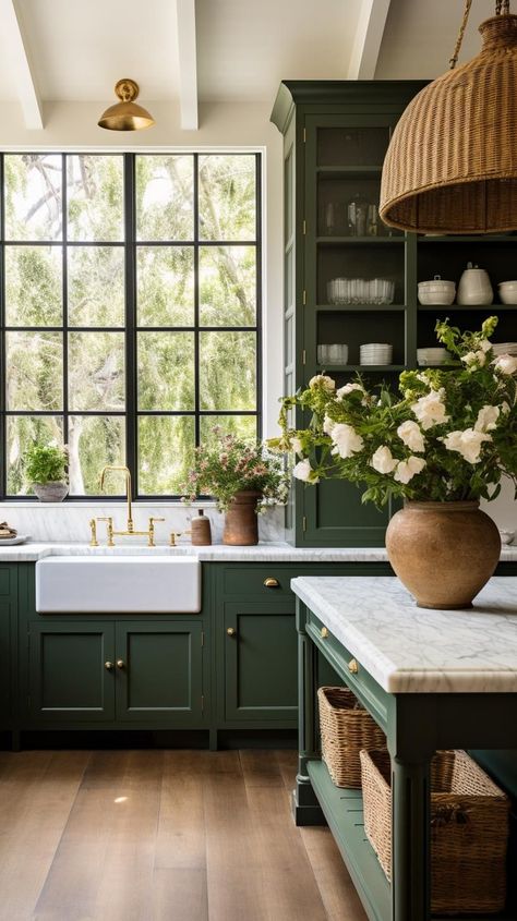 Dark green kitchens have surged in popularity. Homeowners and interior designers are absolutely swooning over their timeless charm and versatility. Dark green hues, ranging from deep forest greens to rich emeralds, add a touch of glamour and depth to kitchen designs, creating a space that feels both inviting and elegant.. #kitcheninspo #homedecor #kitchendesign #kitchenremodel Green Kitchen Black Hardware, Emerald Green House Interior Design, Green Kitchen Moodboard, Studio Green Kitchen, Dark Green Kitchen Island, Dark Green Cabinets Kitchen, Green Kitchen Cabinet Colors, Green Cabinet Kitchen, Small Green Kitchen