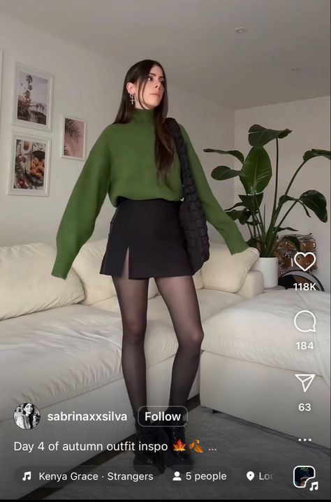 Short Skirt Tights Outfit, Winter Short Skirts Outfits, Elphaba Wicked Inspired Outfits, Elphaba Inspired Outfit, Green Skirt Outfit Winter, Green Dress With Tights, Skirt Outfits With Tights, Green Mini Skirt Outfit, Green Sweatshirt Outfit