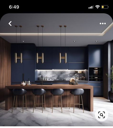 Blue Kitchen Interior, Apartment Girly, Navy Blue Kitchen Cabinets, Dark Blue Kitchens, Women Cave, Blue Kitchen Designs, Baddie Room, Navy Blue Kitchen, Blue Kitchen Cabinets