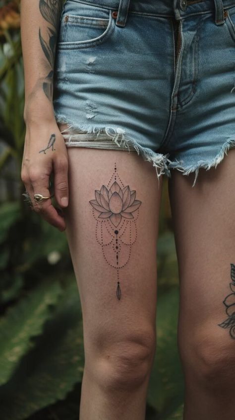 Daisy Chain Tattoo, Thigh Tattoo Ideas, Floral Thigh Tattoos, Hibiscus Tattoo, Thigh Tattoo Designs, Chic Flowers, Blossom Design, Elegant Flowers, Watercolor Rose