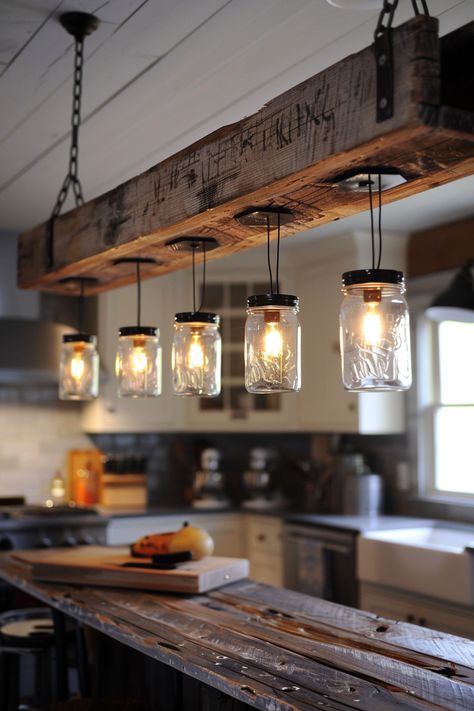 Infuse warmth and ambiance into your kitchen with farmhouse lighting that illuminates your space with style. Explore rustic fixtures and vintage-inspired designs to create a cozy and inviting atmosphere. #FarmhouseKitchen #KitchenLighting #WarmthAmbiance #RusticFixtures #VintageInspiration Rustic Lights Farmhouse, Lights Above Kitchen Island Rustic, Rustic Chandelier Diy, Rustic Kitchen Lights, Kitchen Bar Light Fixtures, Rustic Interior Design Farmhouse Style, Kitchen Farmhouse Lighting, Rustic Light Fixtures Kitchen, Cabin Lighting Ideas