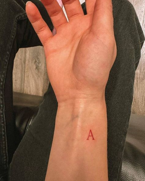 Letter A Initial Tattoo, Red Ink Letter Tattoo, Small A Tattoo Letter, Red Initial Tattoo, Initial Tattoo Men, Initial Tattoo Wrist, Red Tattoos Men, Letter Fonts Tattoo, Initial Tattoo A