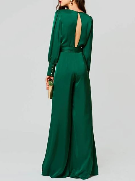 Jumpsuits Beautiful Back Empire Wedding Guest Formal Evening Dress V Neck Long Sleeve Floor Length Satin with Sash / Ribbon 2021 2021 - US $109.99 Green Jumpsuit Outfit, Jumpsuit Outfit Wedding, Áo Blu, Wedding Guest Formal, African Dresses For Kids, Evening Dresses Online, Wedding Jumpsuit, Cheap Evening Dresses, Formal Evening Dress