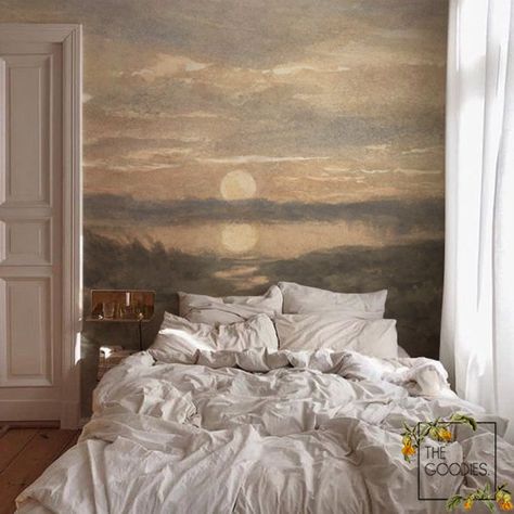 Sunset wall mural Sun and sky wallpaper Remove traditional | Etsy Sunset Wall Mural, Sun And Sky, Beige Wall, Bedroom Murals, Dream Aesthetic, Sky Wallpaper, Sunset Wall, Apartment Decor Inspiration, Beige Walls