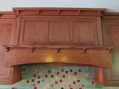 Mission Style Range Hood, Craftsman Style Range Hood, Craftsman Hood Vent, Craftsman Range Hood, 1920s Craftsman Kitchen, Craftsman Bungalow Kitchen, Modern Craftsman Kitchen, Stained Wood Cabinets, Craftsman Cabinets