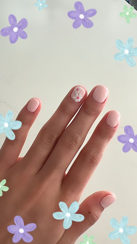 Cute Short Nails Ideas Simple Pastel, Cute Nail Designs For Short Nails Not Acrylic, Cute Pink Nails Simple, Cute Nails For Little Kids, Gel Nail On Natural Nails, Cute Short Nails Flowers, Short Nail Ideas Flowers, Pink Nails With Flower On Ring Finger, Simple Short Natural Nails