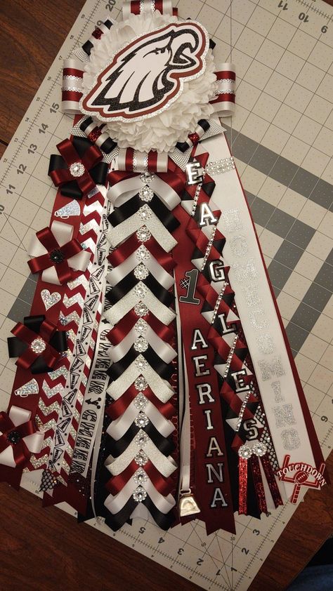 Hoco Mums Ideas Red White Blue, Maroon Garter Homecoming, Cheerleader Mums Homecoming, Boys Mums Homecoming, Maroon Homecoming Mums, Maroon Mums Homecoming, Home Coming Mum Ideas, Double Mum Homecoming, Hoco Mum Braids