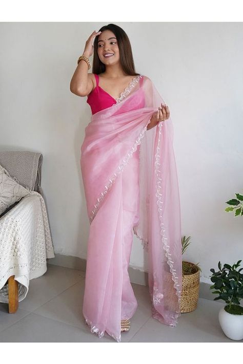 Pink Organza Party Wear Saree Organza Saree Makeup Look, Hot Pink Saree Look, Pink Blouse Saree, Organza Saree Blouse Designs, Hot Pink Saree, Light Pink Saree, Pink Organza Saree, Baby Pink Saree, Simple Saree Designs