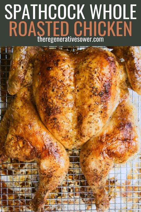 This whole oven roasted chicken recipe is quick, easy, and cooks up in less than an hour! Learn how to spatcock a chicken and roast it to perfection. You can cook it on a wire rack on a baking sheet or in a cast iron skillet. It is a Sunday favorite in our home! #FromScratchRecipes #AnimalBasedRecipes