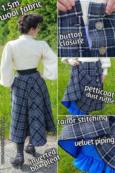 Edwardian Plaid Walking Skirt - From 1.5m Fabric - Sew Historically Diy Victorian Skirt, Edwardian Sewing Patterns Free, Historical Sewing Projects, Free Historical Sewing Patterns, Sewing Clothes Patterns Free, Autumn Sewing Patterns, Edwardian Walking Skirt Pattern, Victorian Skirt Pattern, Skirt Closures