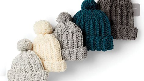 Charity Crochet Basic Ribbed Family Hat Pattern | The Crochet Crowd Basic Crochet Hat, Bernat Softee Chunky Yarn, Bernat Softee Chunky, Easy Crochet Hat Patterns, Knitted Beanies, Knit Blankets, Easy Crochet Hat, Crochet Christmas Gifts, Easy Crochet Patterns Free