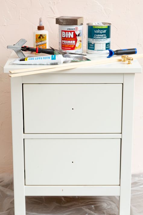 Ikea Hemnes Side Table Hack, Bedside Table Styling Ikea, Hemnes Night Stand Hack, Diy Hemnes Nightstand, Painted Ikea Nightstand, Ikea Hemnes Hack Nightstand, Ikea Hemnes Bedside Table Hack, Ikea Hemnes Nightstand Makeover, Hemnes Bedside Table Hack