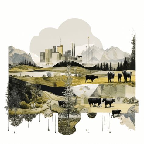 This conceptual design illustrates the fusion of rural and urban elements, showcasing the dialectics and dichotomies between nature and the built environment. Created with AI Midjourney, this piece uses a cut-out collage technique to present a blend of pastoral scenes and architectural forms, weaving together the organic and the man-made in an impactful architectural diagram. Elements Of Architecture, Architectural Vignettes, Collages Architecture, Landscape Design Collage, Graphic Design Collage Inspiration, Architecture Collages, Photomontage Architecture, Perspective Collage, Urban Design Poster