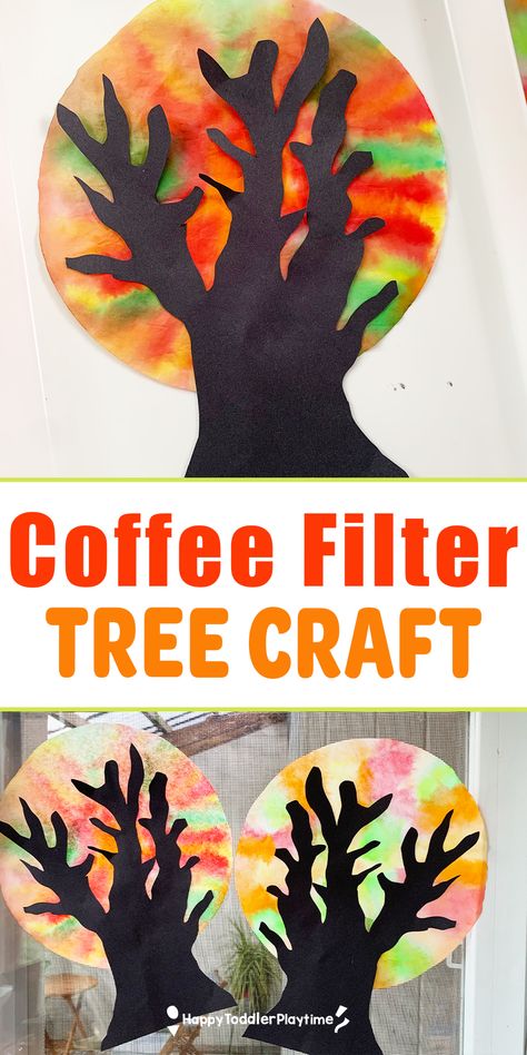 Coffee Filter Tree Craft - Happy Toddler Playtime Coffee Filter Trees, Tree Creative Curriculum, Paper Ghosts, New Year Card Ideas, New Year Card Making, Adaptive Art, Fall Crafts For Toddlers, Harvest Crafts, September Crafts