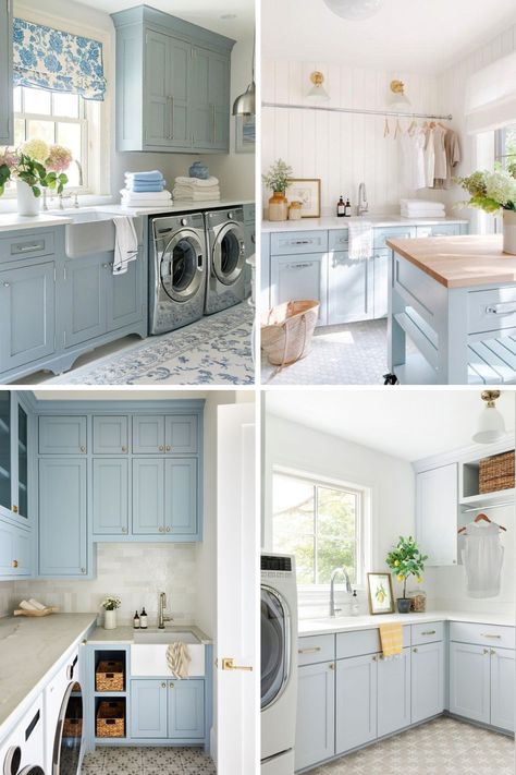 15 Pretty Light Blue Laundry Room Ideas - Nikki's Plate Grandmillennial Laundry Room, Light Blue Laundry Room Cabinets, Blue Laundry Room Ideas, Blue And White Laundry Room, Laundry Room Colors Scheme, Laundry Room Color Ideas, Light Blue Laundry Room, Laundry Room Color, Coastal Laundry Room