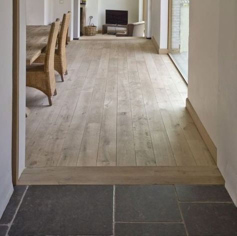 Hardwood Floors To Tile Transition, Wood Floor With Tile Transition, Wood Floor Next To Tile, Wood Floor Meets Tile Kitchen, Transitions Between Tile And Wood Floors, Kitchen Flooring Transition To Wood, Threshold Between Tile And Wood Floor, Tile Floor To Wood Floor Transition, Modern Floor Transitions